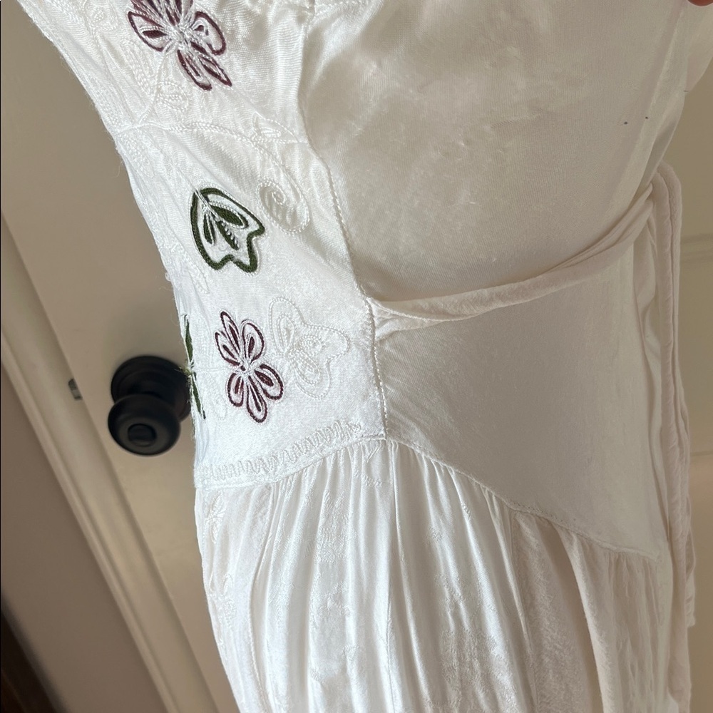 Vintage 90s Y2K White Embroidered Boho drop waist Midi Dress Free Size romantic - Picture 6 of 14